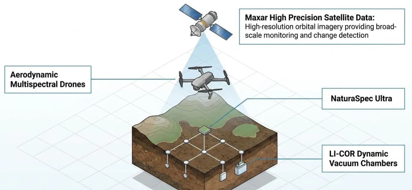 Field measurement stack: Maxar satellite data, aerodynamic multispectral drones, NaturaSpec Ultra soil sensor network and LI-COR dynamic vacuum chambers