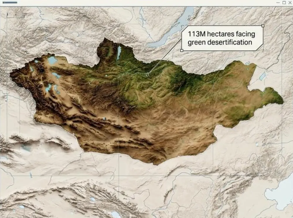 Relief map of Mongolia: 113 million hectares facing green desertification