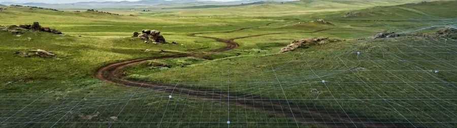 Mongolian steppe overlaid with a digital measurement grid